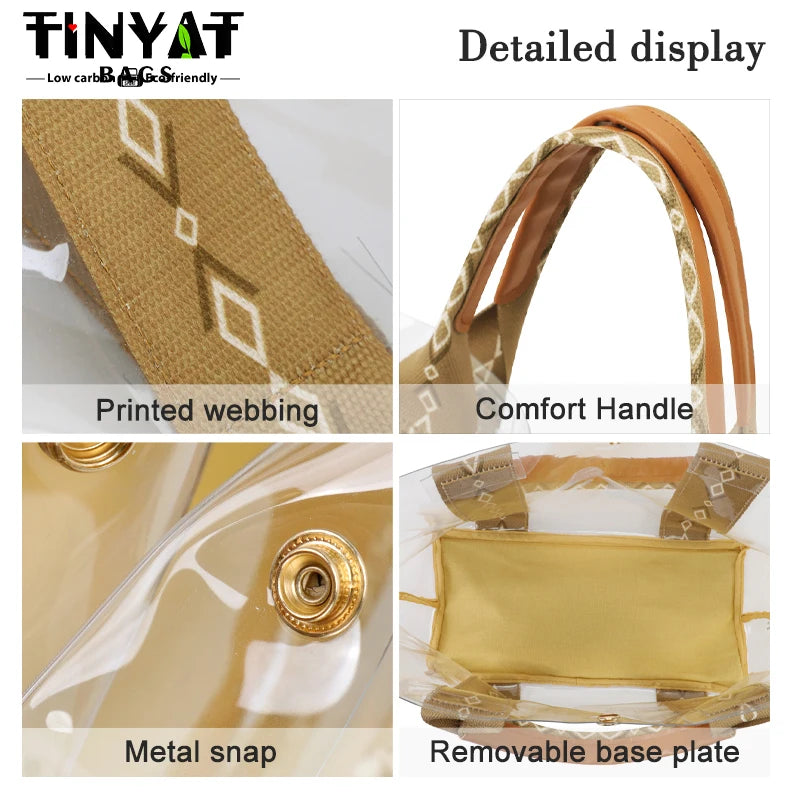 TINYAT Khaki Bohemian Style Clear PVC Tote Bag for Women, Transparent Shopper Clutch Purse for Daily Use and Music Festivals