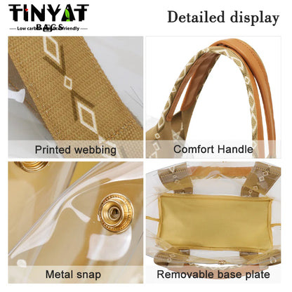 TINYAT Khaki Bohemian Style Clear PVC Tote Bag for Women, Transparent Shopper Clutch Purse for Daily Use and Music Festivals