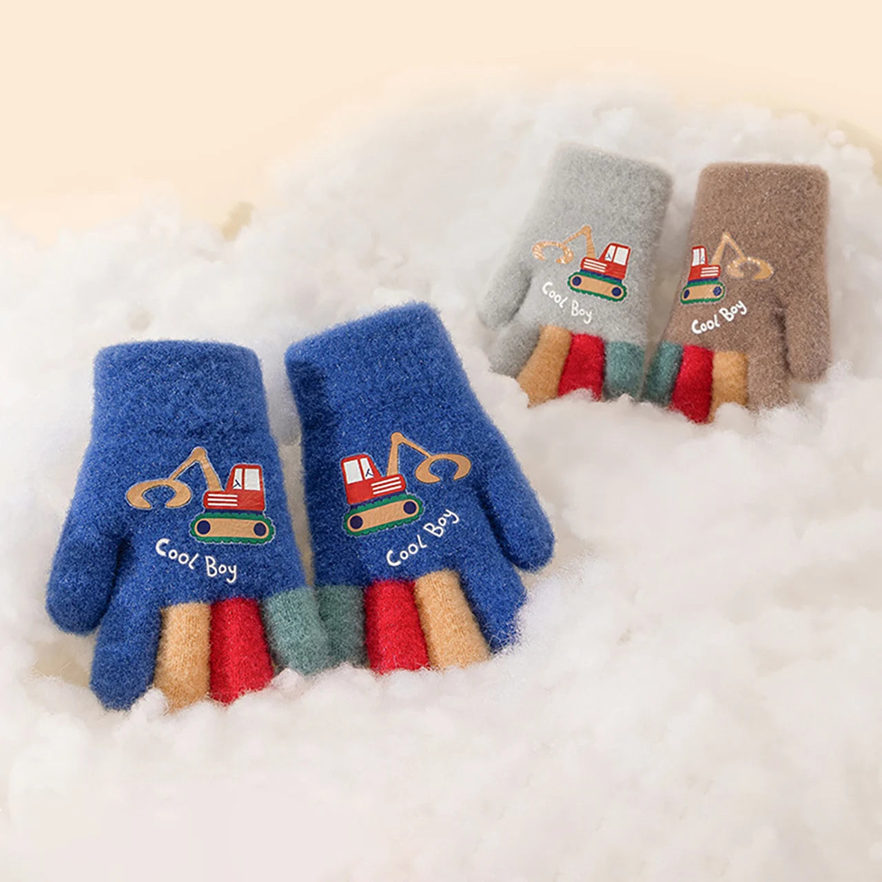 Kids Winter Gloves - Cute Excavator Cartoon Knitted Mittens for Boys & Girls (Ages 7-13)