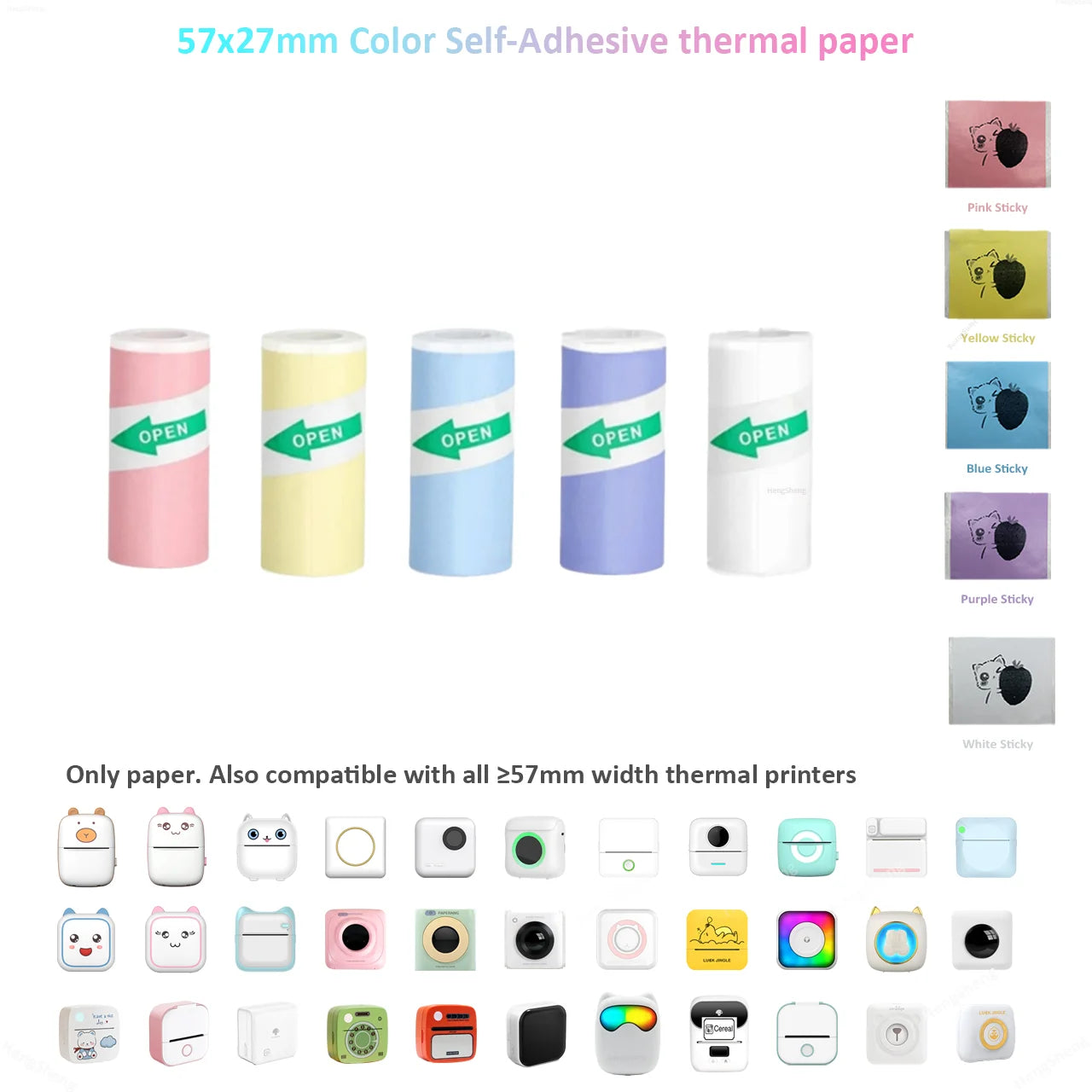Color Label Sticker Mini Printer Thermal Paper 57mm 10ft Self-adhesive Thermal Printing Paper For Inkless Printing Photo Picture