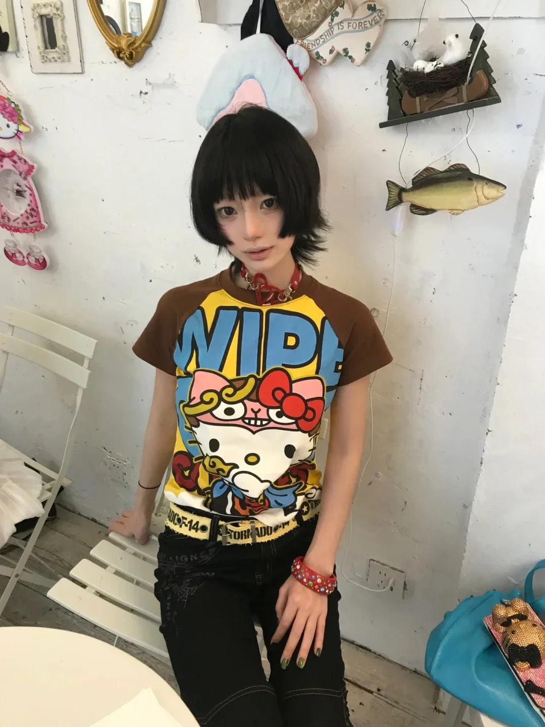 Y2K Sanrio Hello Kitty New Anime Fashion Short Tops Summer Cute Tees Cartoon Printed High Street Gothic Short Hottie T-shirts