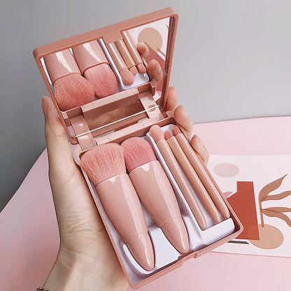 5pcs Mini Makeup Brush Set with Mirror - Multifunctional Travel Cosmetic Brushes, Unscented, Palm Brush Design Makeup Tools