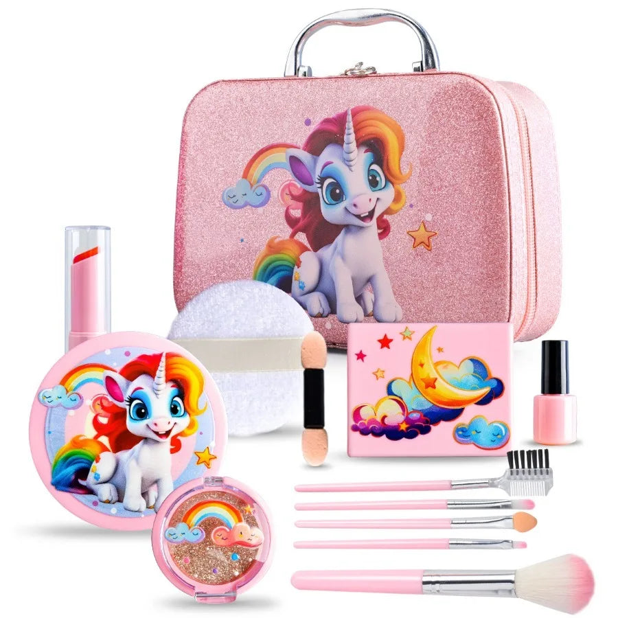 Girl Pink Unicorn Makeup Set with Box - Plastic Cosmetic Set, Non-Edible Toy Beauty Tools, Dress up Travel Bags, Birthday, Christmas, Halloween, Modern Style, Ideal Gift Boxed