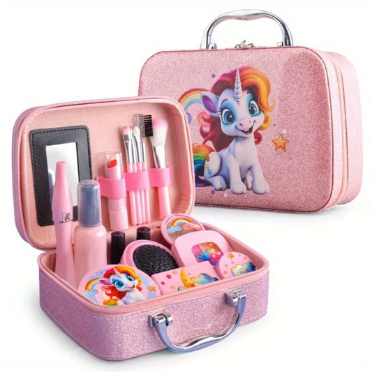 Girl Pink Unicorn Makeup Set with Box - Plastic Cosmetic Set, Non-Edible Toy Beauty Tools, Dress up Travel Bags, Birthday, Christmas, Halloween, Modern Style, Ideal Gift Boxed