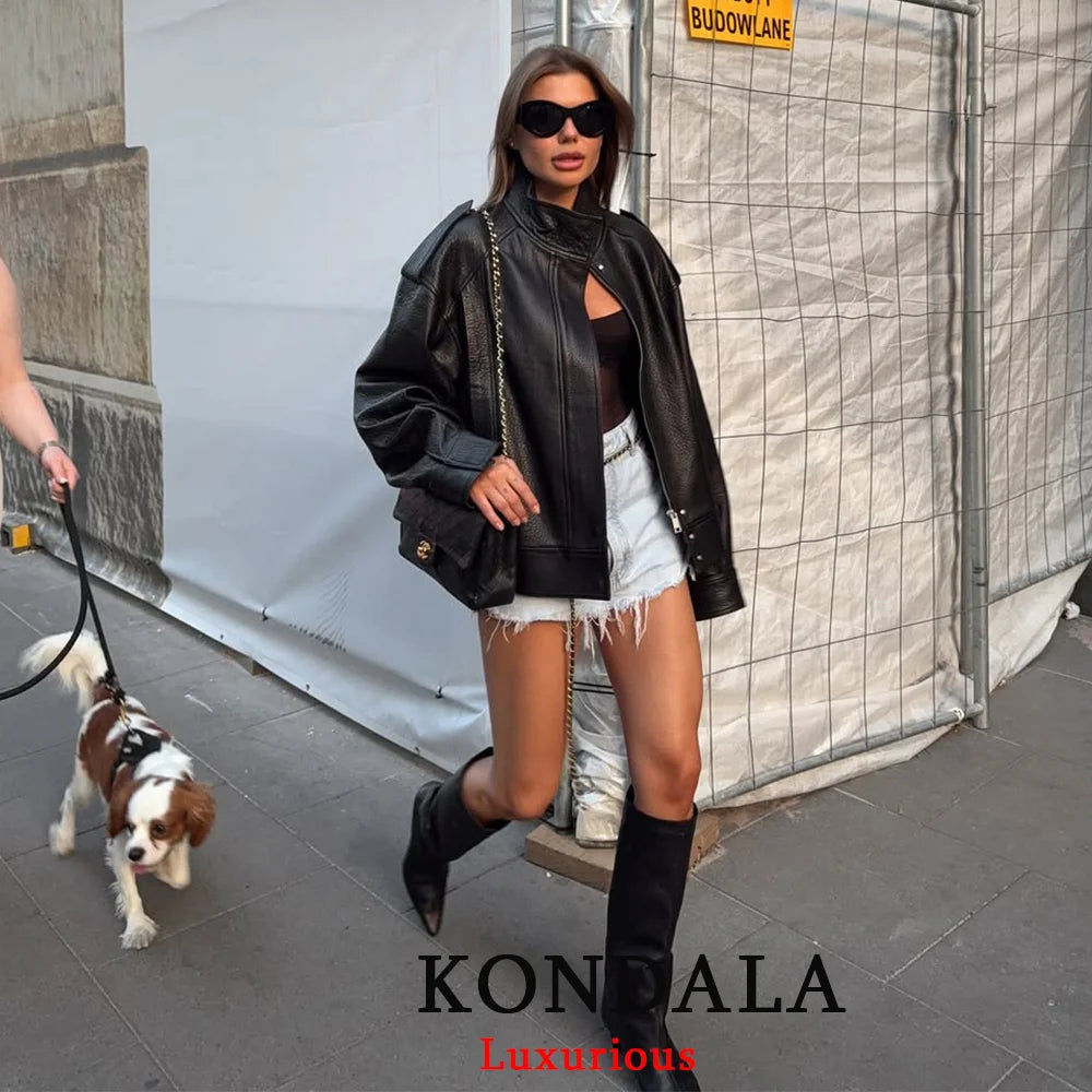 KONDALA Casual Chic Black Leather Jackets Women Long Sleeve Buttons Elastic Oversized Coats Fashion 2026 Spring Streetwear Coats