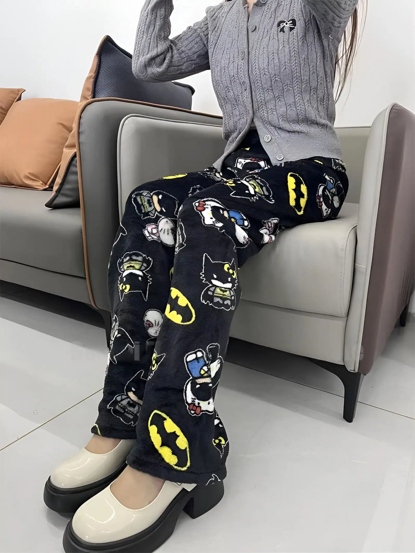 Sanrio Y2k Autumn Hellokitty Batman Pajama Pants Cartoon Hip Hop Ladies Warm Casual Plush Flannel Cute Pants Clothing Xmas Gift