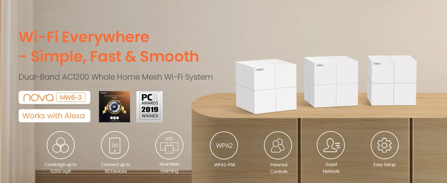 Tenda MW6 Mesh Wireless Gigabit Router 11AC Dual-Band 2.4G/5.0GHz Whole Home Wifi Coverage System Long Range Bridge Repeater