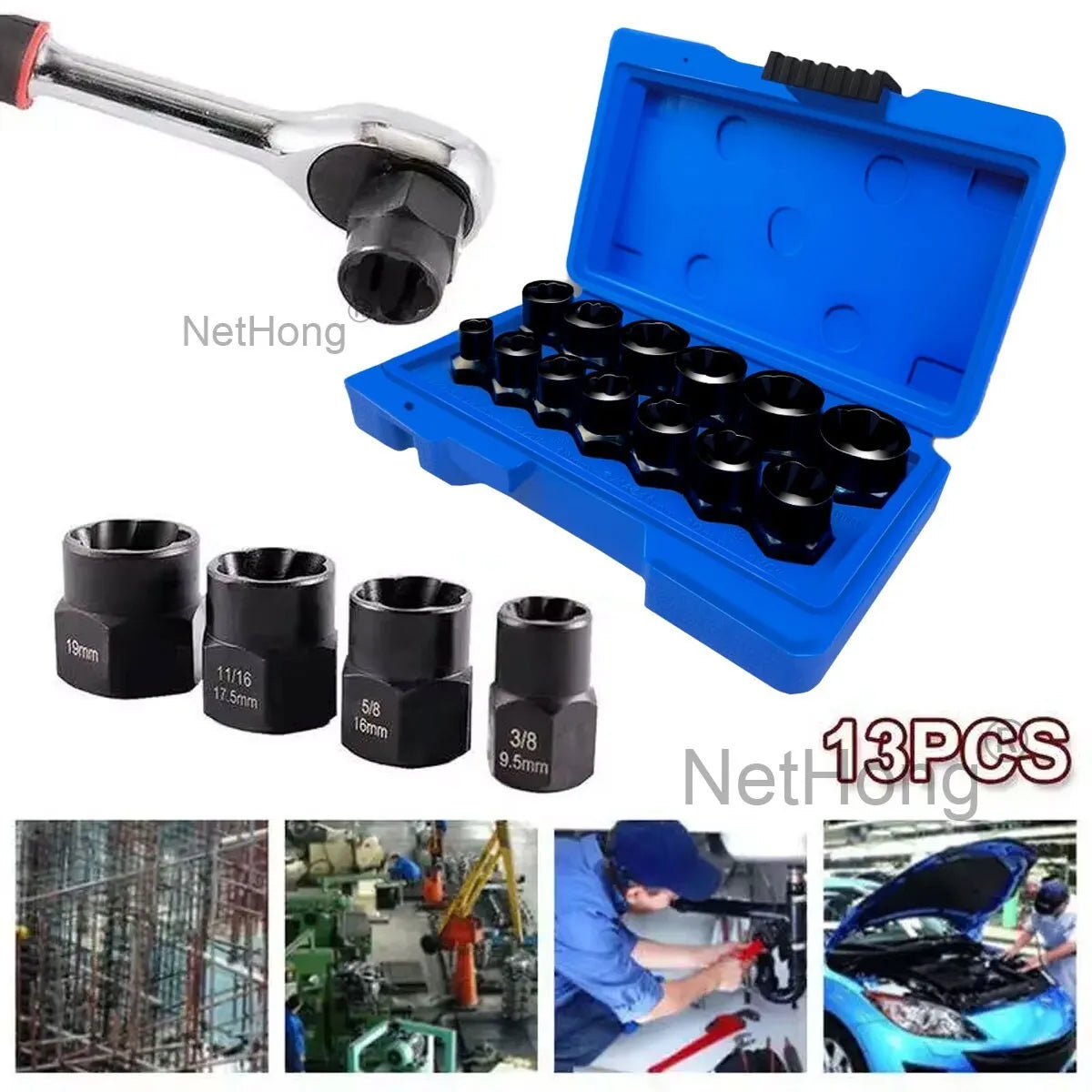 13Pc Locking Wheel Nut Remover Set Stud Bolt Impact Twist Socket Extractor Tool~