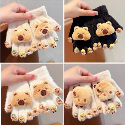 Kids Winter Gloves - 3D Capybara Plush Warm Gloves for Boys & Girls | Cold Weather Mittens
