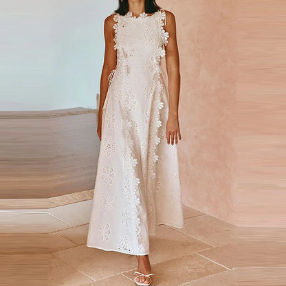 Summer Lace Jacquard Women's Banquet Dress Elegant O Neck Sleeveless Lace Up Beach Dress Fashion Hollow Out Slim Fit Long Dress