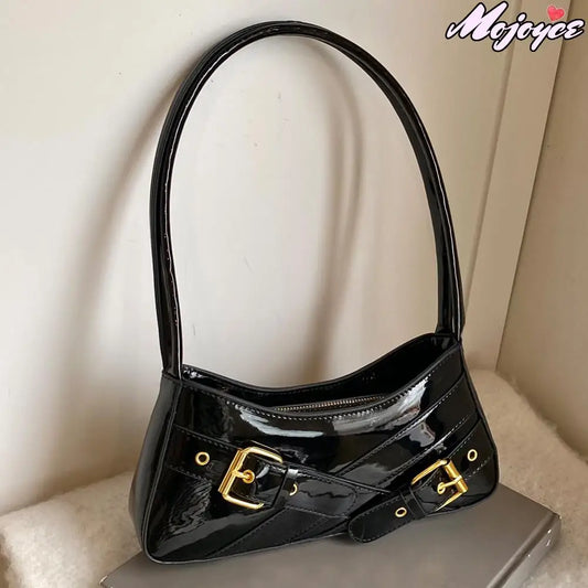 MOJOYCE Small Belt Design Glossy Patent Leather Shoulder Bags Women Luxury Brand Tote Handbag Y2K Underarm Bag with Inner Pocket