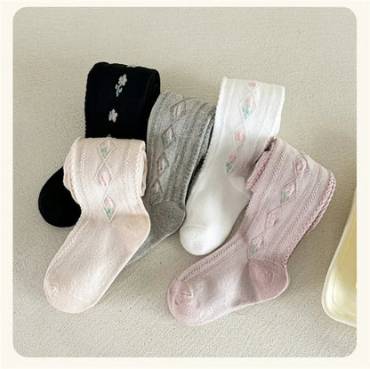 1-12Years Kids Autumn Elastic Tights Jacquard Soft Teenager Leggings Girls Knit Cotton Pantyhose Sweet Cute Baby Bottom Clothes