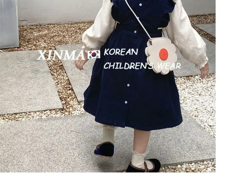 Girls Embroidered Corduroy Dress Set - Premium 2-Piece Doll Collar Shirt & Strap Skirt Outfit