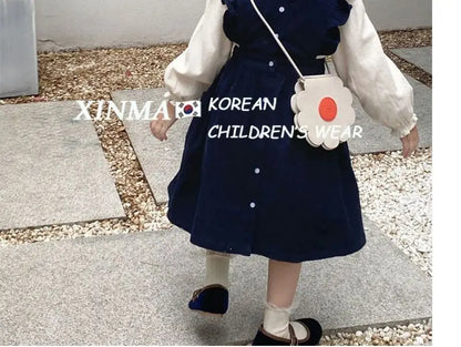 Girls Embroidered Corduroy Dress Set - Premium 2-Piece Doll Collar Shirt & Strap Skirt Outfit
