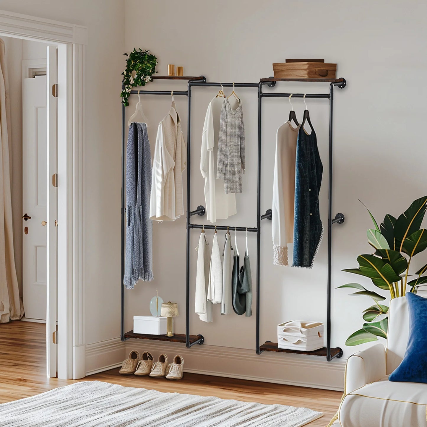 Kleiderständer aus Industrierohren, wandmontierter Metallkleiderständer, begehbarer Kleiderschrank mit Regalen