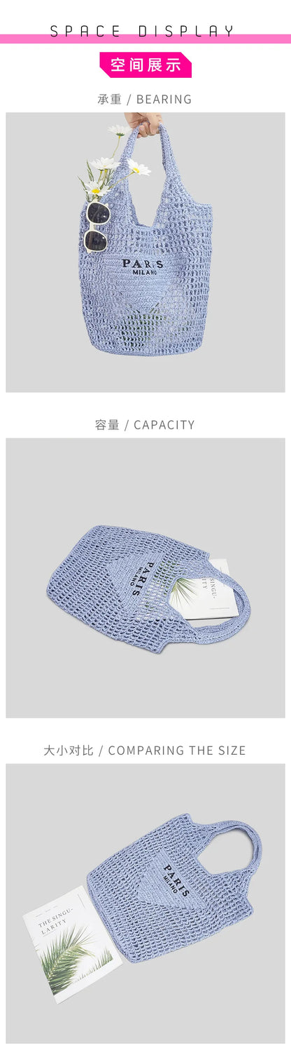 Casual Hollow Straw Women Shoulder Bags Designer Letters Handbags Paper Woven Large Tote Bag Handmade Summer Beach Purses 2024