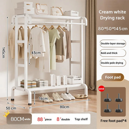 Movable Coat Rack With Universal Wheels Multifunctional Double-deck Simple Clothes Hanger Floor-Standing Bedroom Wardrobe
