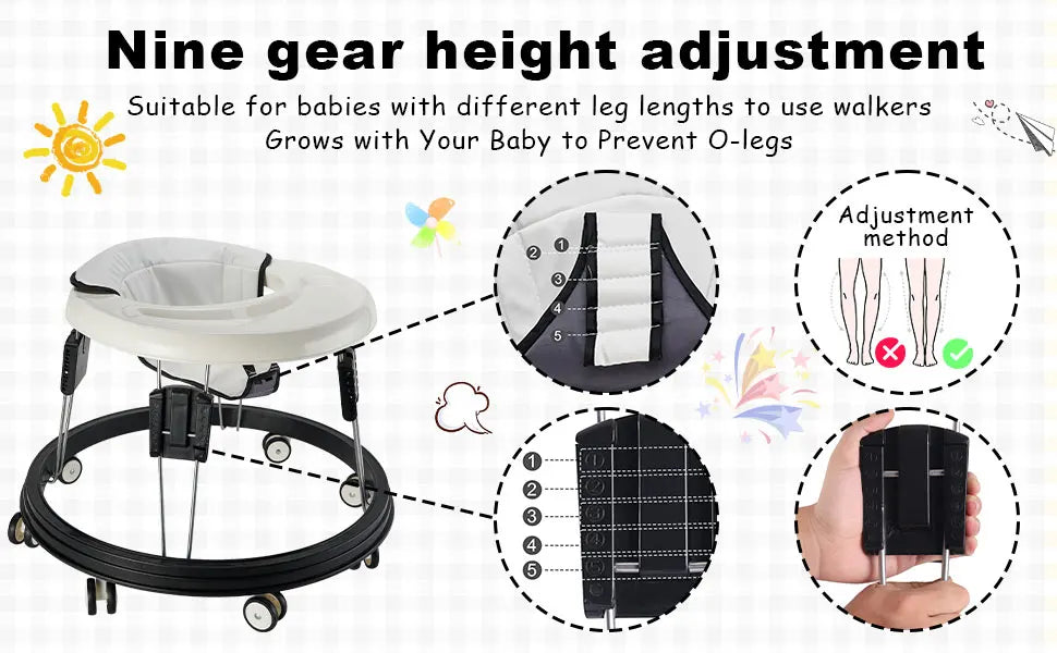 Baby Walker, Foldable Multi-Function Anti-Rollover Walker with Brake Design,5 Level Height Adjustable, Baby Walkers