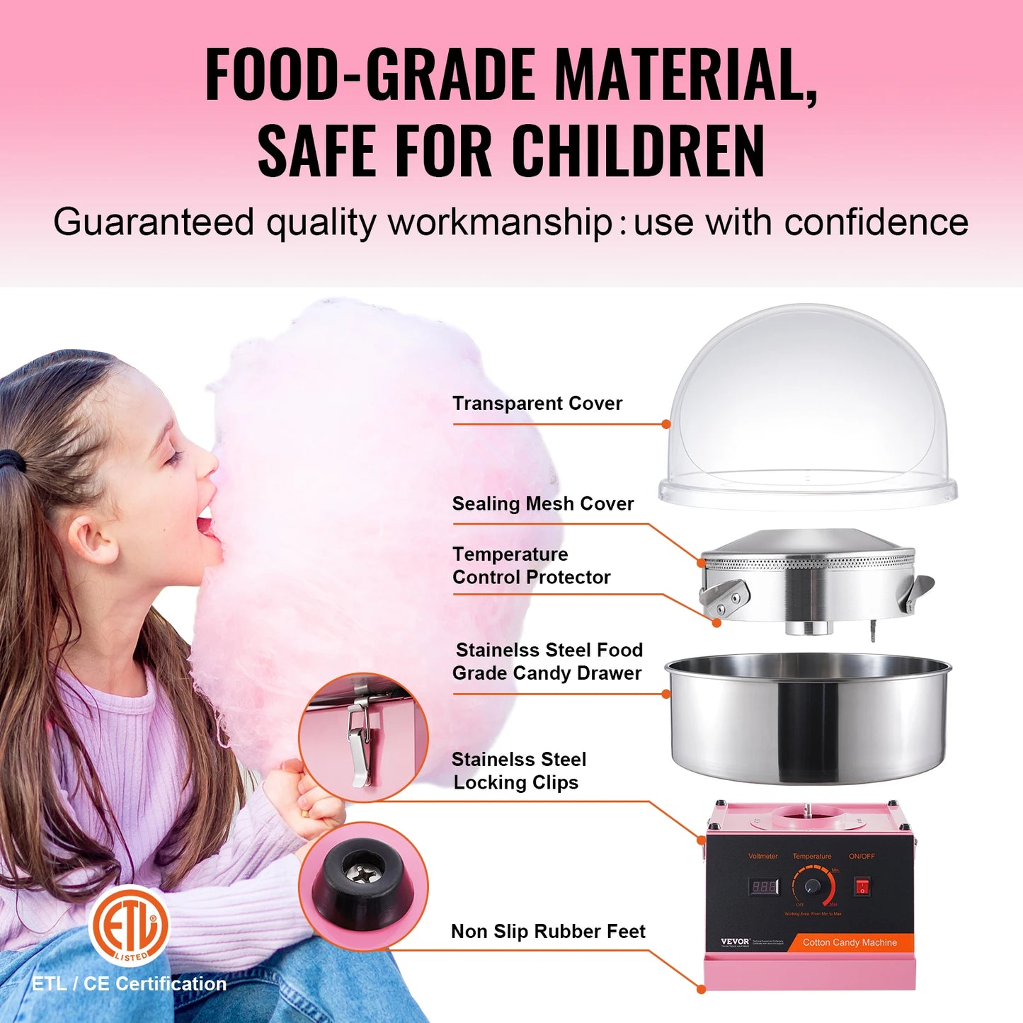 VEVOR Electric Cotton Candy Machine 1000W Candy Floss Maker Commercial Cotton Candy Machine Stainless Steel Bowl and Sugar Scoop
