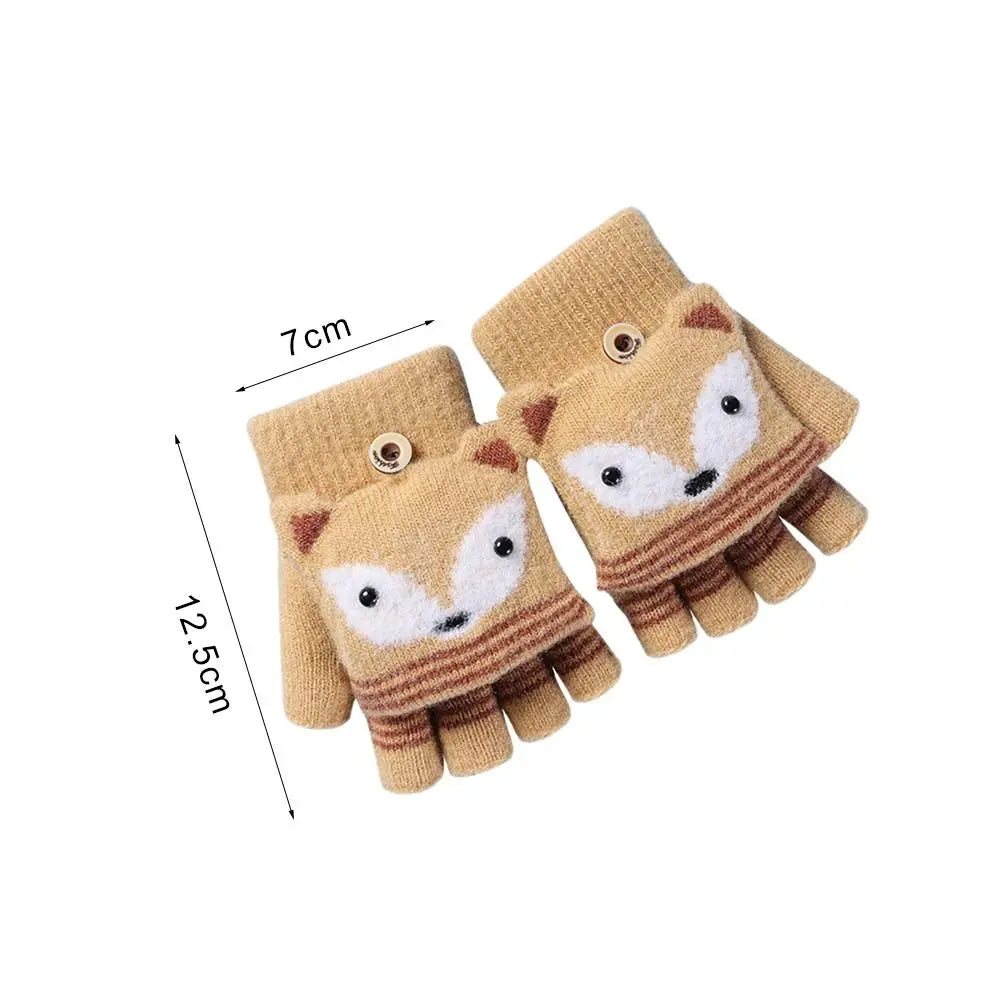 Flip Fingerless Gloves Autumn Winter Children Knitted Gloves Cute Cartoon Fox Warm Half-Finger Gloves