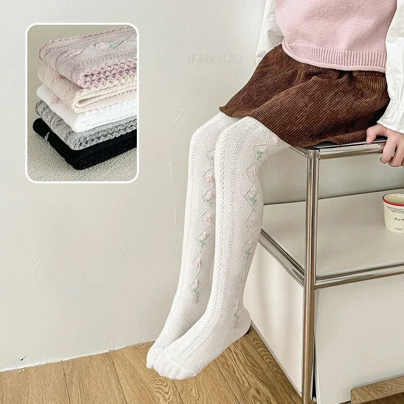 1-12Years Kids Autumn Elastic Tights Jacquard Soft Teenager Leggings Girls Knit Cotton Pantyhose Sweet Cute Baby Bottom Clothes