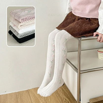 1-12Years Kids Autumn Elastic Tights Jacquard Soft Teenager Leggings Girls Knit Cotton Pantyhose Sweet Cute Baby Bottom Clothes