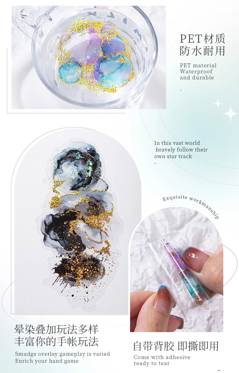 15 Pcs Creative Watercolor smudging hot stamping Stickers hand tent DIY Stick Labels Scrapbooking Material Junk Journal Supplies