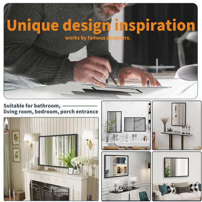 60x90CM Rectangular Wall Mounted Mirror Bathroom Bedroom Makeup Dressing Mirror Black Framed Horizontal or Vertical