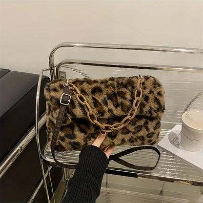 Korean Style Leopard Print Plush Crossbody Handbag for Women - Autumn Winter Fashion Bag