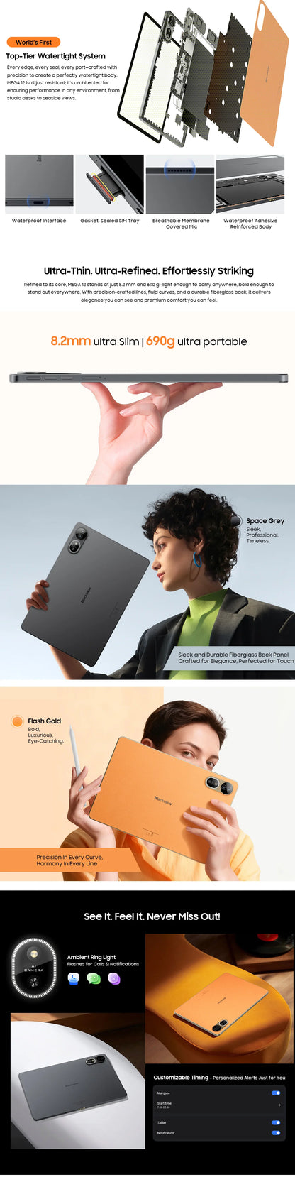 【World premiere】Blackview MEGA 12 Tablet 5G 12.2" 2.4K 120Hz Display Dimensity 7200 CPU IP69K Waterproof 50MP 10000mAh Pad PC