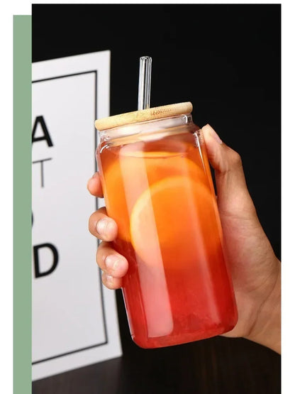 Glass Straw Cup with Dustproof Wooden Lid Heat-resisting Transparent Glass Bottle Breakfast Cola Milk Drinking Cups Holiday Gift