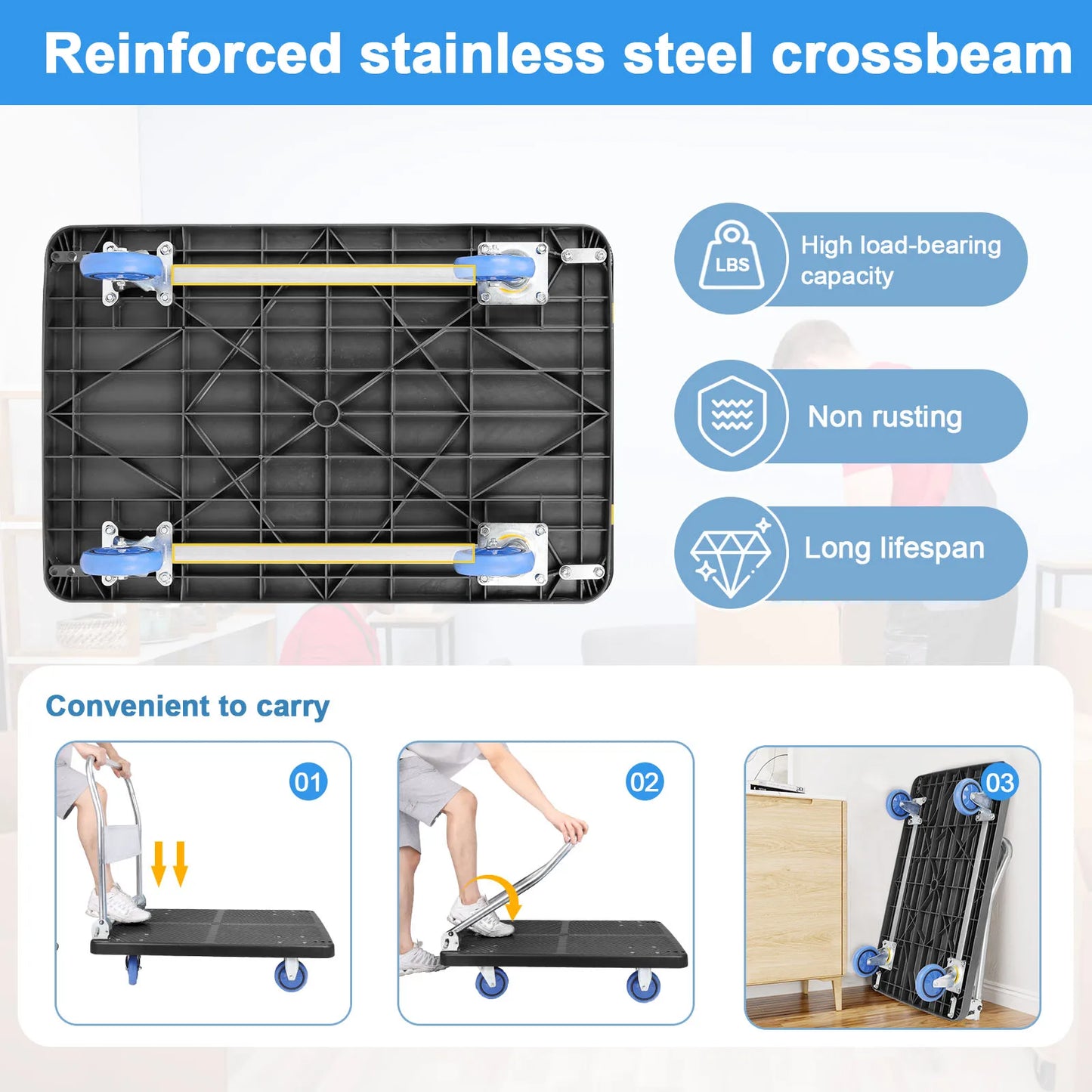 Robuster Einkaufswagen, Handwagen, Rollwagen mit Rädern, tragbarer Klappwagen, Trolley, Gepäckwagen