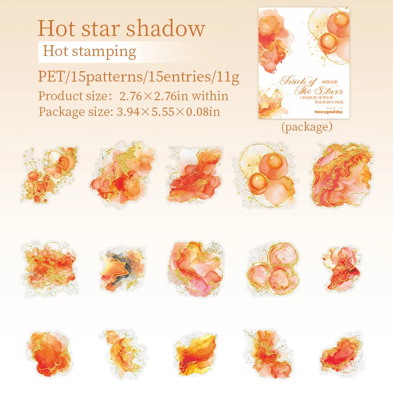 15 Pcs Creative Watercolor smudging hot stamping Stickers hand tent DIY Stick Labels Scrapbooking Material Junk Journal Supplies