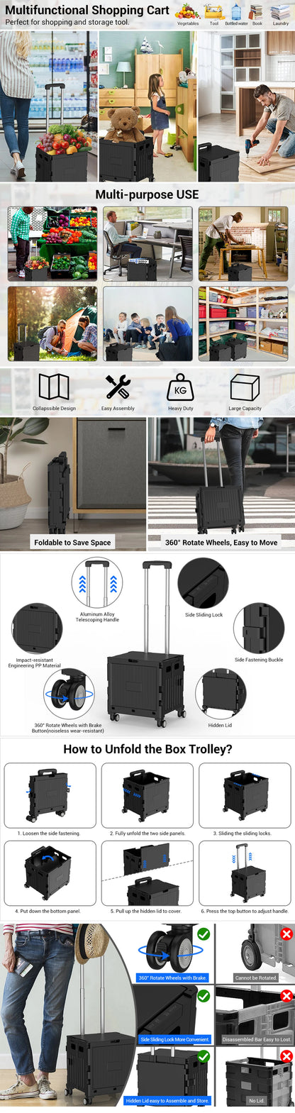 Folding Utility Cart Portable 360° Rolling Wheels Telescopic Handle Trolley Collapsible Shopping Box with Lid for Camping Office