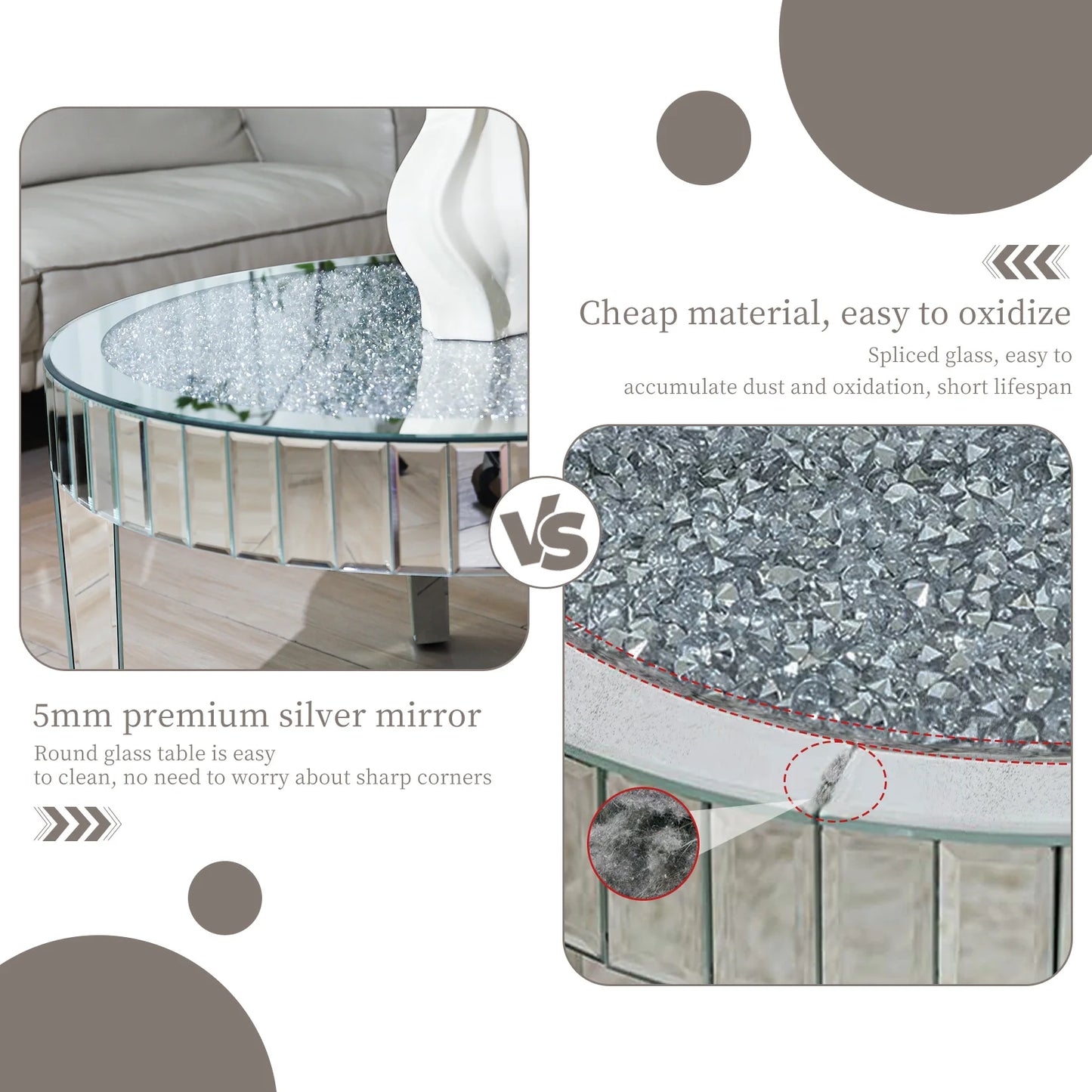 FATIVO Large Round Mirrored Coffee Table Beveled Bling Crushed Diamond End Table