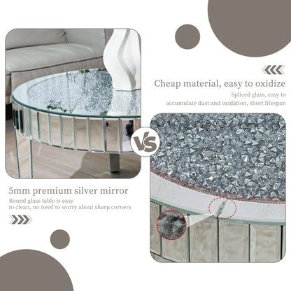 FATIVO Large Round Mirrored Coffee Table Beveled Bling Crushed Diamond End Table