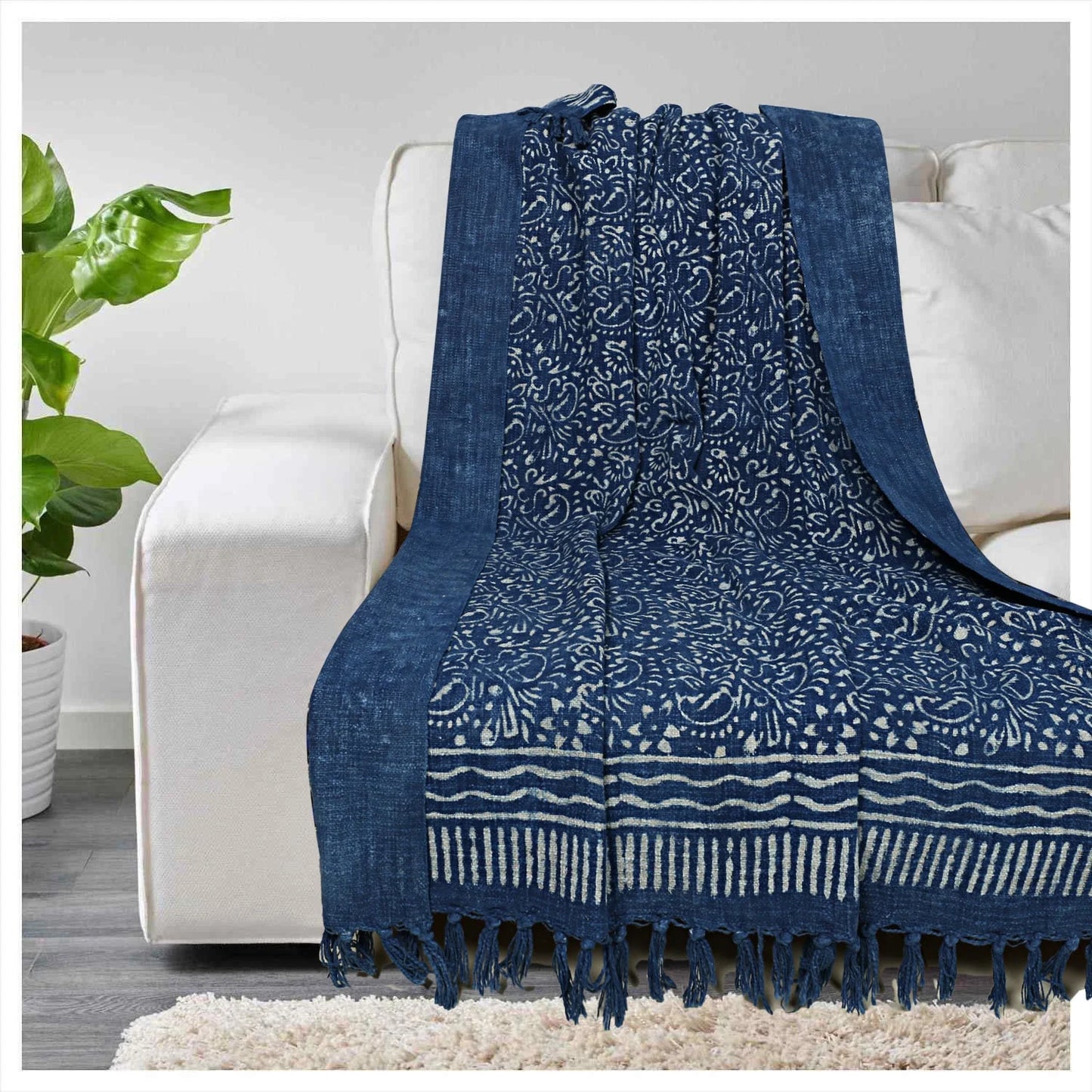 African Mudcloth Printed Blue Indigo 100% Organic Cotton Handwoven Soft Throw Bedding Blanket for Living Room Home Outdoor