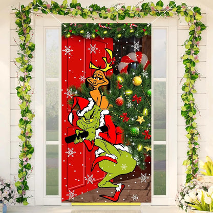 Christmas door banner, Christmas door hanging, Christmas decoration outdoor, Christmas background door hanging (green Grinch)