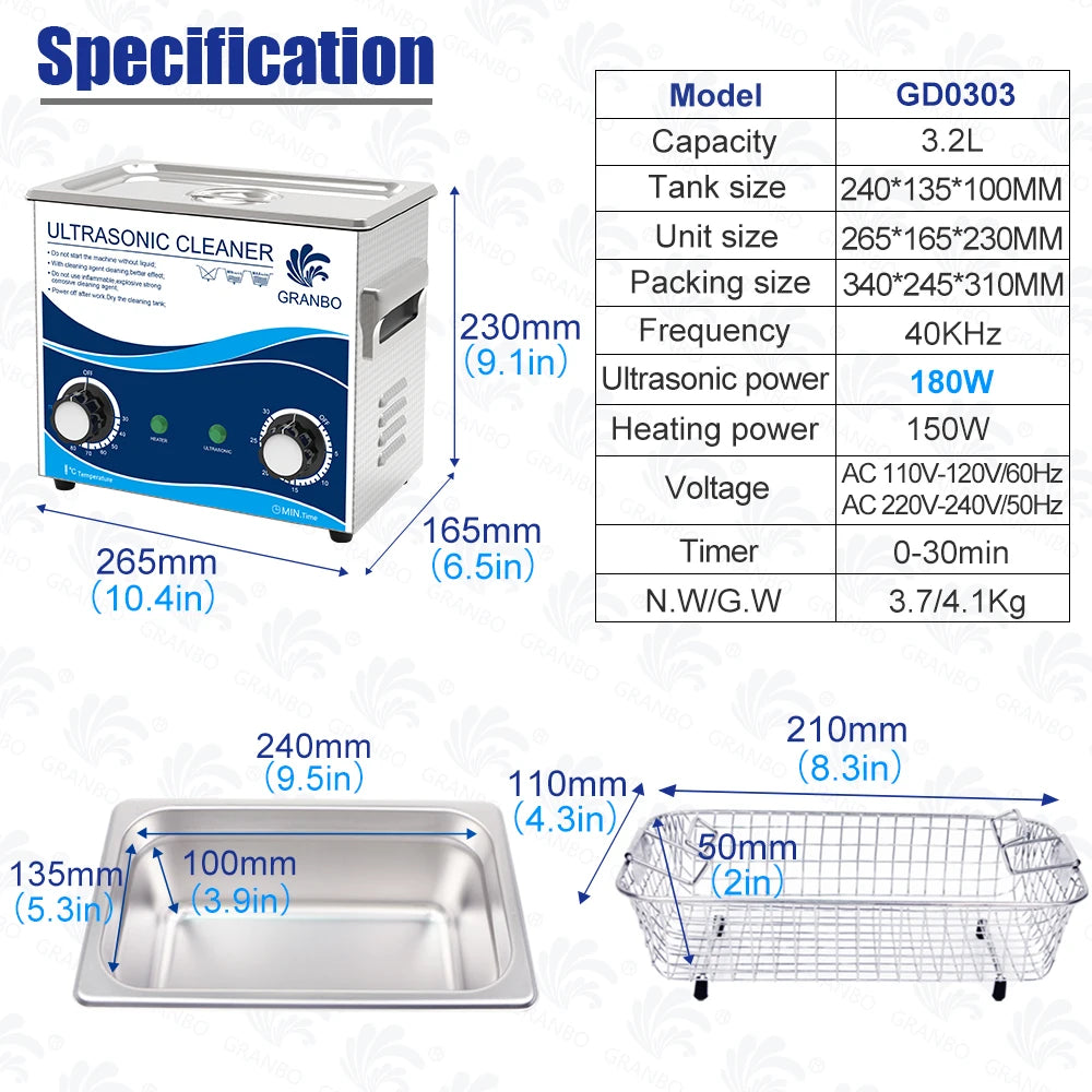 Granbo Ultrasonic Cleaner 3.2L Ultrasound Cleaning Bath 180W Laboratory Ultrasonic Tank Bicycle Chains Cleaning Machine