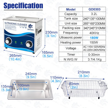 Granbo Ultrasonic Cleaner 3.2L Ultrasound Cleaning Bath 180W Laboratory Ultrasonic Tank Bicycle Chains Cleaning Machine