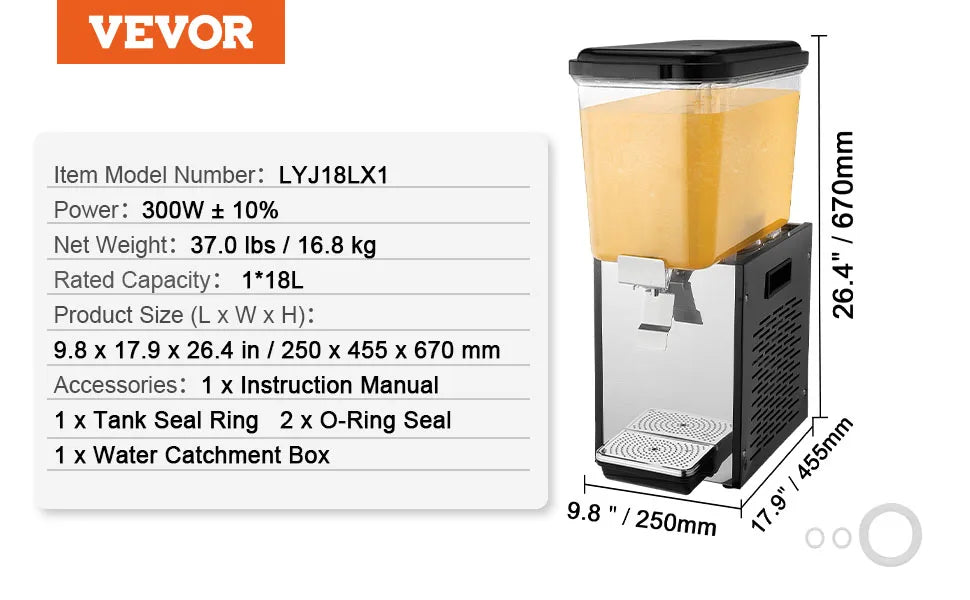 VEVOR 10L 12L 18L Commercial Beverage Dispenser Stainless Steel Ice Juice Tea Drink Machine with Cooling Function for Bar Party