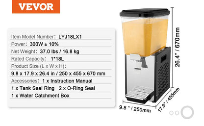 VEVOR 10L 12L 18L Commercial Beverage Dispenser Stainless Steel Ice Juice Tea Drink Machine with Cooling Function for Bar Party