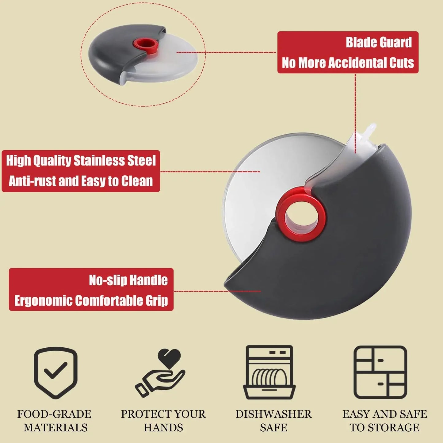 Rollschneider aus Edelstahl, Mehrzweck-Werkzeug zum Schneiden von Pizza und Kuchenteig, Backzubehör für die Küche mit scharfem Klingenrad