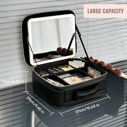 Travel Makeup Bag With LED Lighted Mirror, Makeup Train Case With Adjustable Dividers For Home,Gift,Vacation