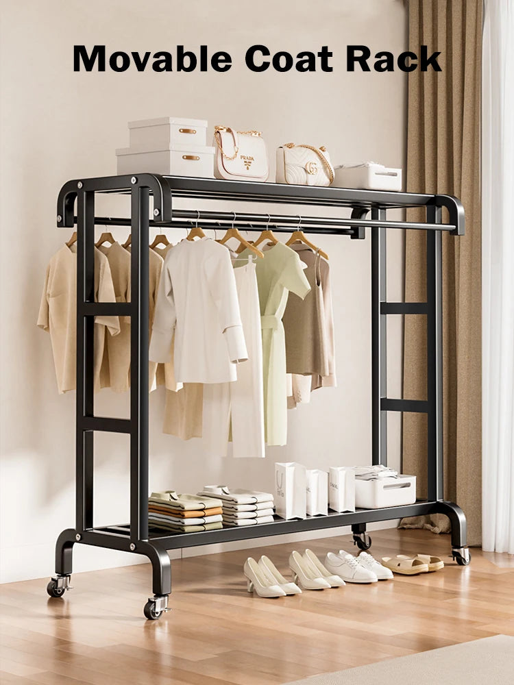 Movable Coat Rack With Universal Wheels Multifunctional Double-deck Simple Clothes Hanger Floor-Standing Bedroom Wardrobe