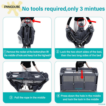 PANGDUBE 4-in-1 Baby Crib Multifunctional Convertible Bed with Rocker & Baby Playpen Newborn Changing Table Foldable Travel Cot