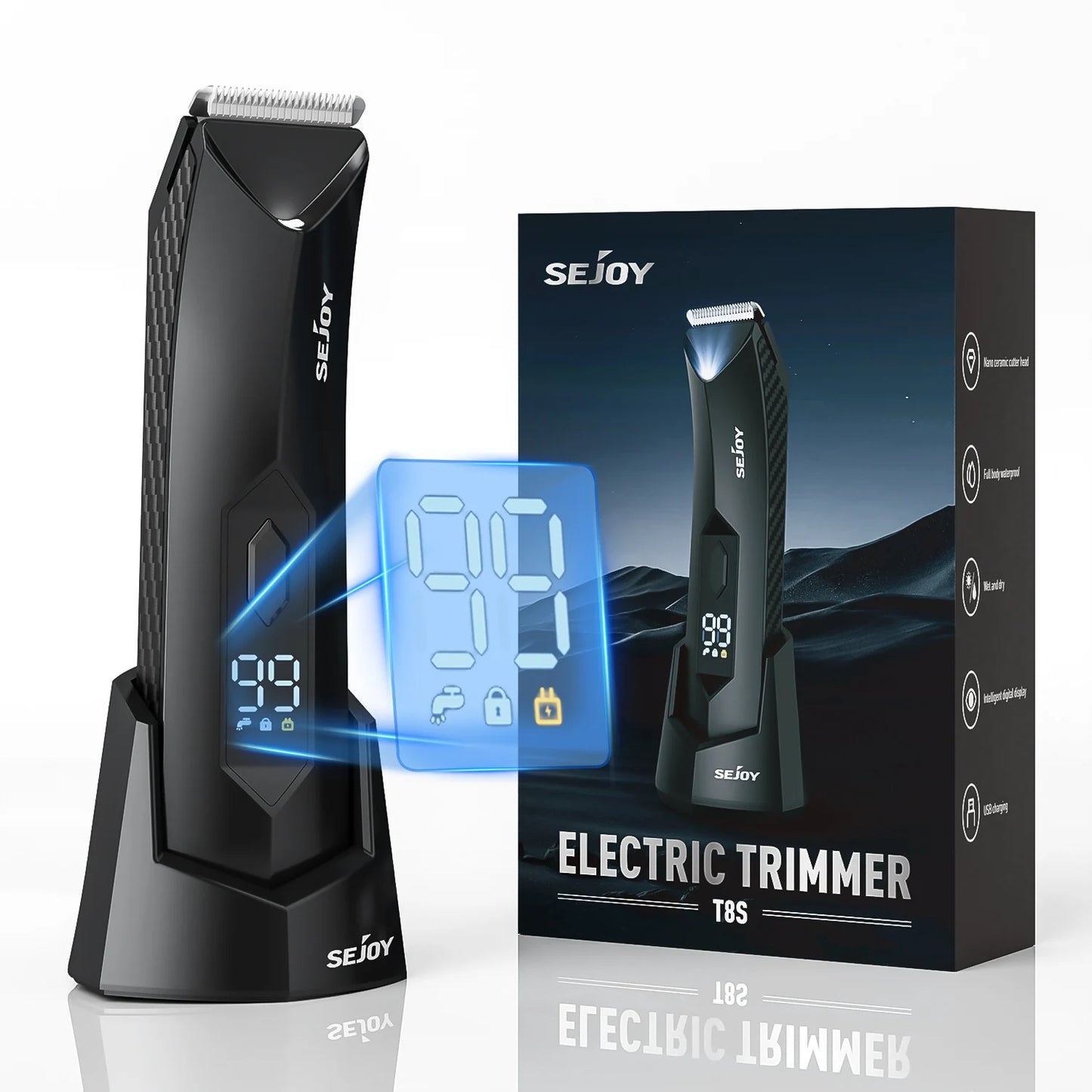 Sejoy T8S Electric Groin Hair Trimmer for Men,Rechargeable Body Groomer & Pubic Waterproof Body Hair Clippers