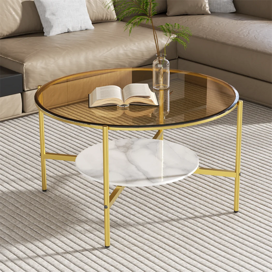 Glossy Glass Coffee Table, Centre Table with Slate Shelf, Minimalist Furniture, Living Room Tea Table, 2 Tier