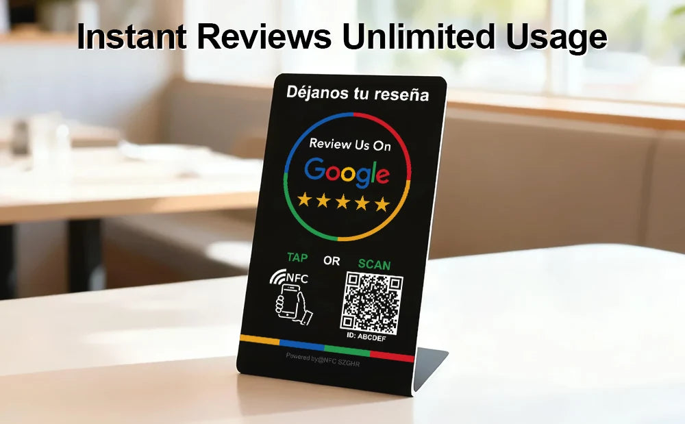 Spanish English QR code NFC Standing Sign Google review NFC215 Review Stand Click URL Unlimited Modification Editing QR Codes