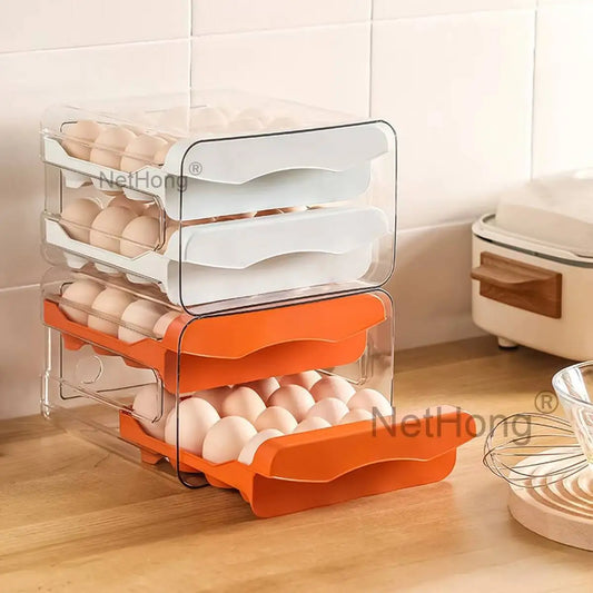 2 Tier 32 Grid Refrigerator Storage Organizer Egg Holder Box Drawer Type NEW